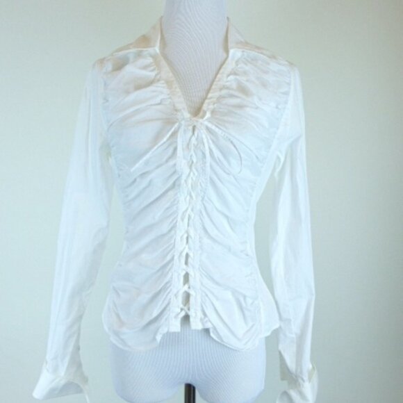 ANNE FONTAINE France COTTON LACE UP TIE SHIRT 2 M ruched long sleeve - Picture 1 of 6